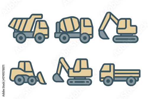 Set of heavy construction machinery and equipment including dump truck, cement mixer, and excavator