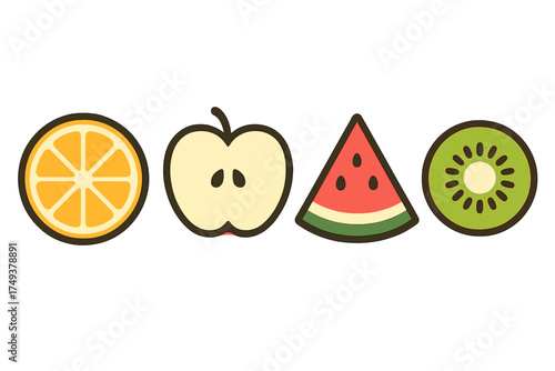 Stylized collection of fresh fruit slices including orange, apple, watermelon, and kiwi