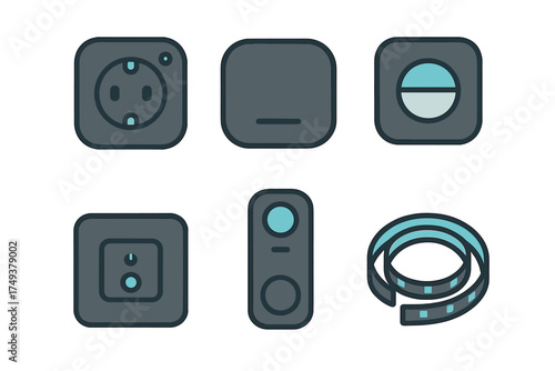 Smart home technology icons set featuring electrical outlets, switches, remote control, and LED strip