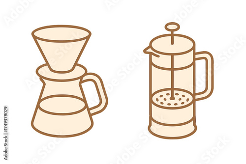 Isometric line art of pour-over coffee brewer and French press maker