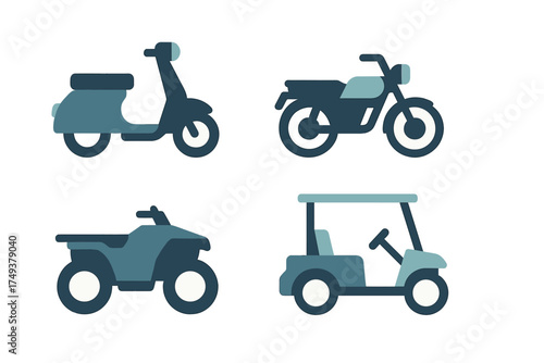 Set of stylized recreational and utility vehicle icons including scooter, motorcycle, ATV, and golf cart