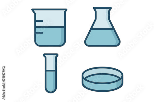 Set of four basic science lab equipment including beaker flask test tube and petri dish