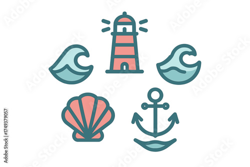 Stylized maritime symbols set featuring a lighthouse, anchor, seashell, and crashing ocean waves