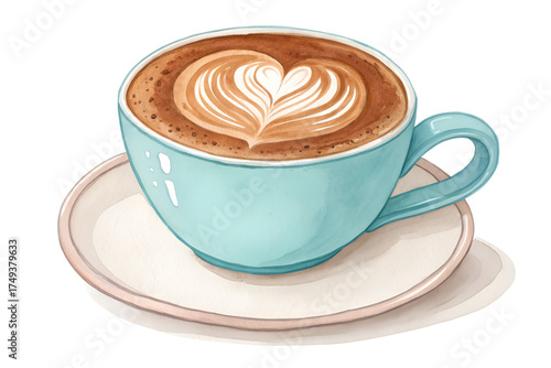Watercolor latte coffee cup with heart shaped foam art on top, cozy hand painted vector illustration. Warm breakfast drink icon for café menu, barista design, love and comfort concept.