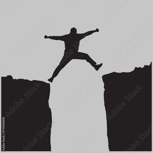 Brave Man Jumping Across a Wide Canyon Gap Silhouette Vector Illustration of Risk and Courage.