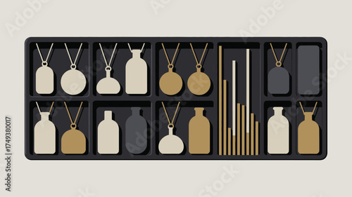 A top view of a black tray containing various decorative items including bottles and pendants in neutral tones