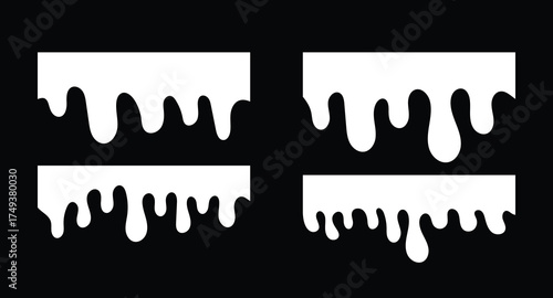White Drips and Melted Paint Dripping Borders Set: Liquid Flow Abstract Graphic Elements for Horror, Food, and Slime Designs