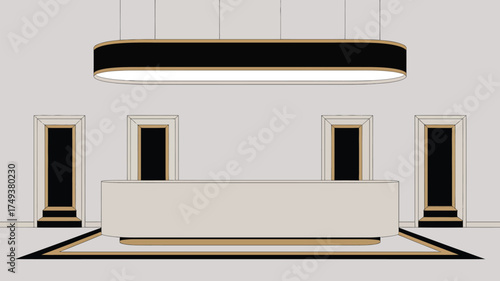 A minimalist interior design featuring a reception desk and four doors with an overhead light fixture
