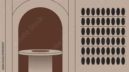 Illustration of a brown arched niche with a shelf next to a grid of black ovals on beige background