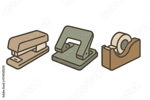 Essential office supplies set including stapler, hole puncher, and tape dispenser in muted colors