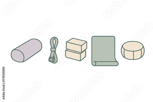 Essential yoga and meditation accessories set including mat, blocks, strap, bolster, and cushion