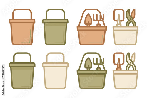 Gardening tools and equipment in buckets and containers for planting and pruning