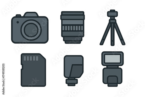 Essential photography equipment including camera lens tripod and memory card
