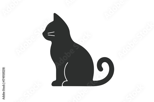 Minimalist black silhouette of a domestic cat sitting in profile with a curled tail