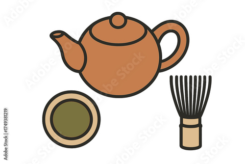 Traditional Japanese tea ceremony set with ceramic teapot, matcha bowl, and bamboo whisk