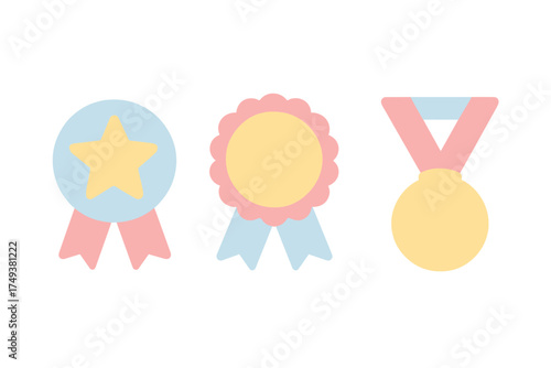 Pastel colored set of award symbols including a star rosette a ribbon badge and a gold medal