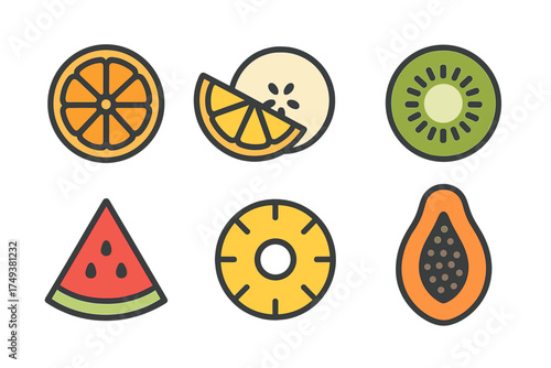 Colorful collection of sliced tropical and citrus fruits: orange, kiwi, pineapple, watermelon, papaya