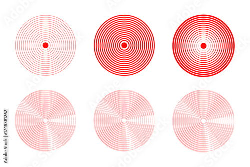 Identification process. Abstract background. Red rings sound wave and line with points in a circle. Sound wave wallpaper. Radio station signal. Circle spin vector set.

