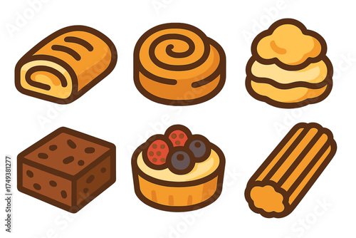 Collection of six sweet baked goods and desserts icons including roll, tart, brownie, and churro