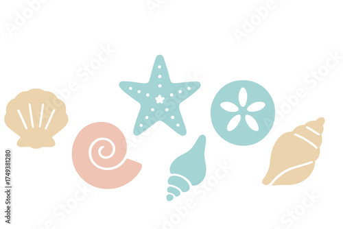 Pastel collection of seashells, sand dollar, and starfish isolated on white background