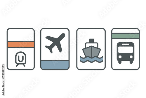 Modern symbols representing air, sea, road, and public transit travel modes