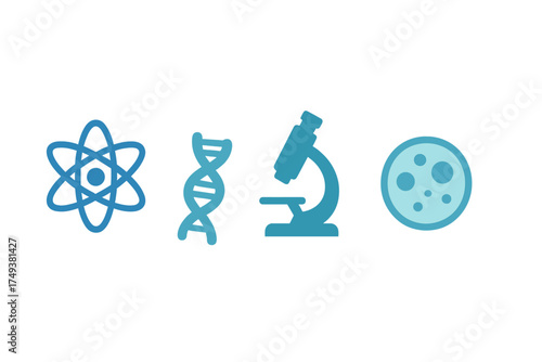 Blue symbols depicting scientific concepts including atomic structure DNA helix and laboratory equipment
