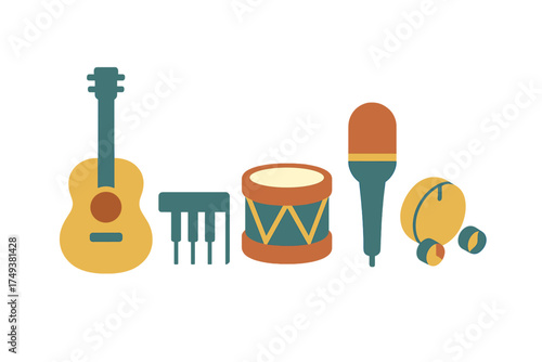 Stylized arrangement of acoustic guitar, keyboard keys, snare drum, microphone, and tambourine