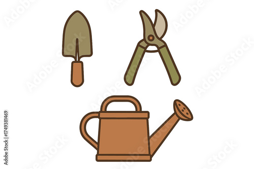 Essential gardening tools set including a hand trowel, pruning shears, and a watering can for spring planting activities