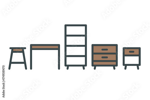 Modern wooden furniture collection featuring desk, stool, bookshelf, and storage cabinets