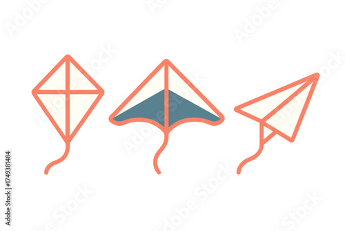 Three stylized flying kites in coral and teal colors isolated on a white background