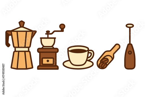 Essential coffee brewing equipment set including moka pot, manual grinder, cup, beans, and milk frother