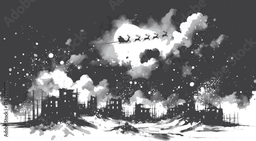  A dramatic black-and-white scene shows a Santa sleigh pulled by reindeer flying over a devastated urban landscape. Clouds, snow and smoke mix in a stark, hopeful winter tableau