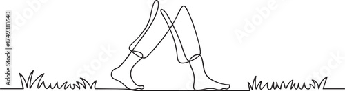 Continuous one line drawing of barefoot legs walking leisurely on grass or beach symbolizing relaxation, health, and National Go Barefoot Day