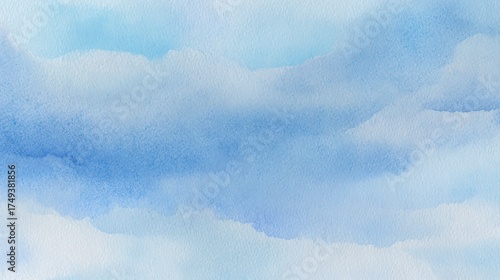 A serene watercolor painting depicting soft blue clouds against a light background, evoking a calm and tranquil atmosphere.
