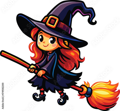 Cute witch flying on broomstick with smiling face and magical energy aura