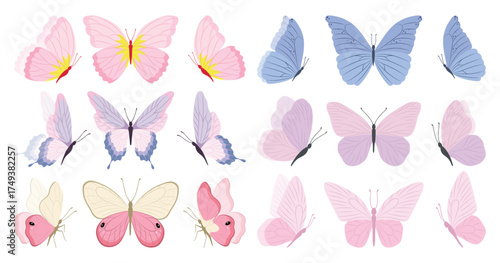 Butterfly collection. Colorful illustration. Butterflies clipart set. Baby shower design elements. Party invitation, birthday celebration. Spring, summer decoration. Pink yellow red wings