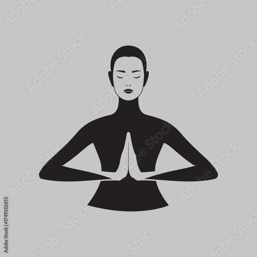 Peaceful Woman Meditating with Hands in Namaste Prayer Pose Vector Illustration for Yoga and Wellness.
