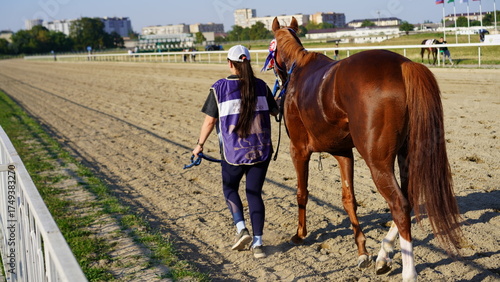 Trainer leads thoroughbred horse towards racetrack at early morning event in a vibrant equestrian facility