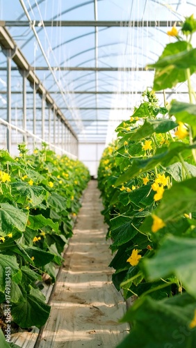 A narrow path leads through rows of vibrant green plants inside a glass-roofed structure, bathed in sunlight. The view stretches into the distance