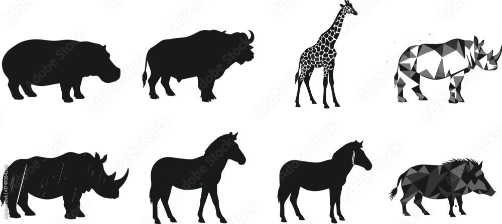 Naklejka premium Wild animal silhouettes and geometric abstract designs featuring hippo, bison, giraffe, rhino, zebra, horse, modern wildlife vector illustration