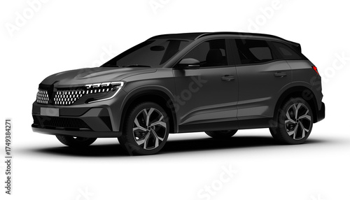 A 3D render of a hybrid grey C-SUV showcasing its front left side on a transparent background, highlighting sleek design and modern eco-friendly features.