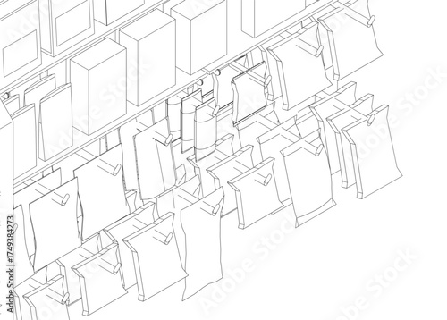 Black and white contour drawing of snack bags hanging neatly on a wall shelf. The organized arrangement suggests a well-stocked pantry or store display.
