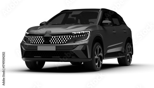 A 3D render of a hybrid grey C-SUV showcasing its front left side on a transparent background, highlighting sleek design and modern eco-friendly features.