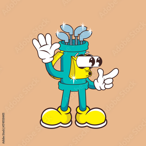 Retro character design of suprised golf bag