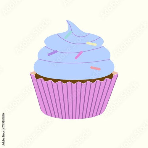 Cupcake with cream frosting and sprinkles. Sweet dessert vector illustration perfect for bakery design, cafe menu, poster, or food packaging.