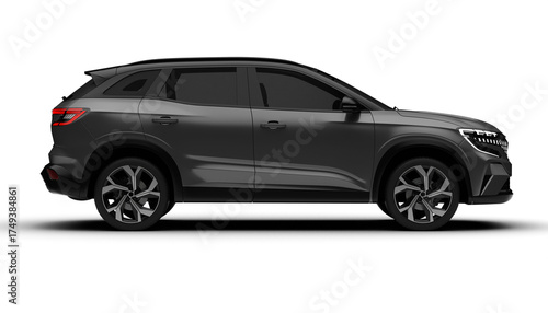 A 3D render of a hybrid grey C-SUV displaying its full right side on a transparent background, showcasing sleek curves and eco-friendly innovation