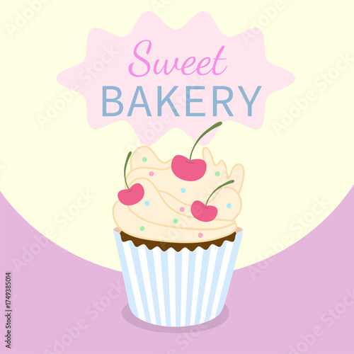 Cupcake with cream and cherries and the inscription 