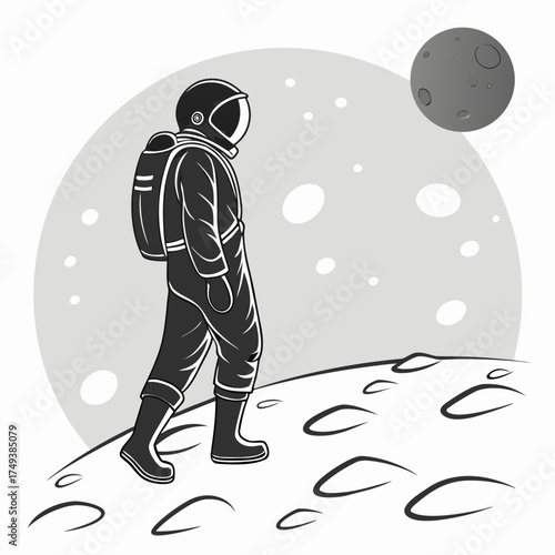 Astronaut walking on the moon surface with craters and the earth in the background in black and white created with generated ai