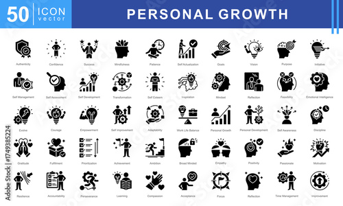 Personal Growth icon set featuring Courage, Empowerment, Self Improvement, Adaptability, Work Life Balance, and Personal Growth. Perfect for motivation and self development.