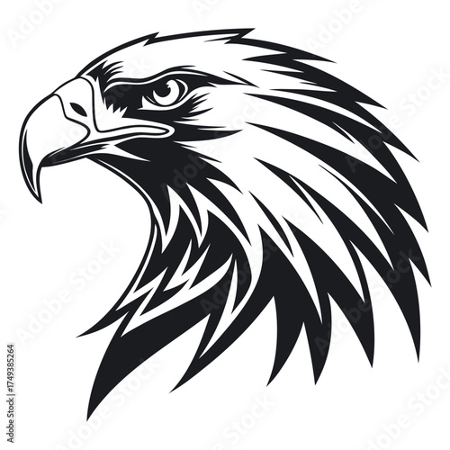 A detailed black and white illustration of an eagle head with sharp features and intense gaze design created with generated ai